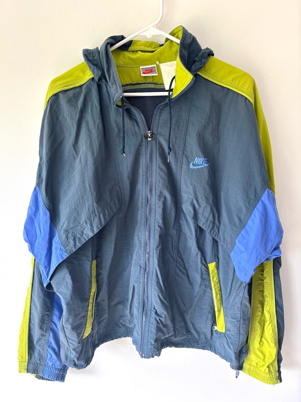 Vintage 1990s Nike Windbreaker Full Zip Jacket Blue Neon Green Color Block Retro